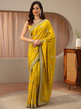 Libas Mustard Floral Embroidered Silk Blend Saree