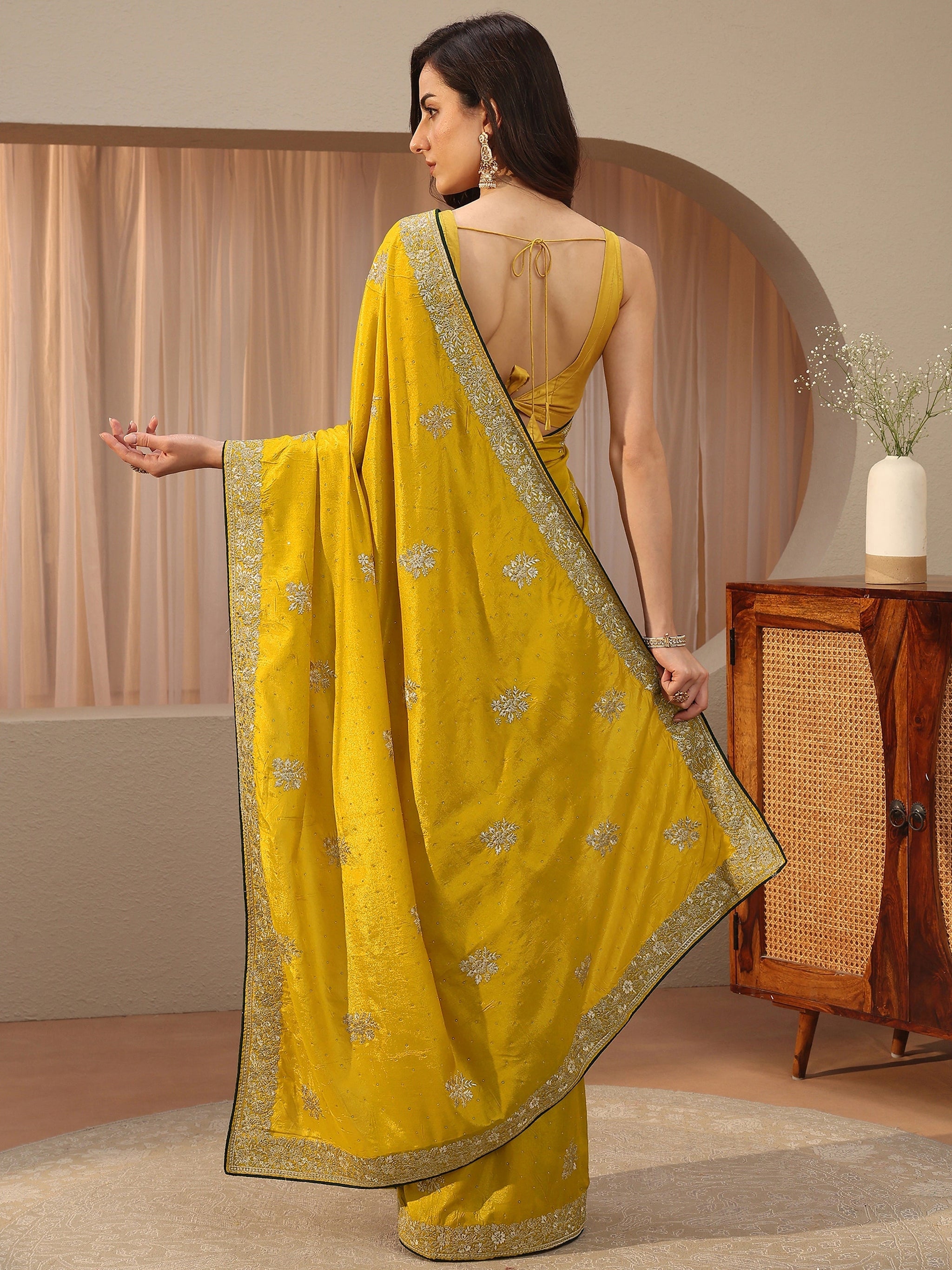 Libas Mustard Floral Embroidered Silk Blend Saree