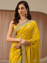 Libas Mustard Floral Embroidered Silk Blend Saree