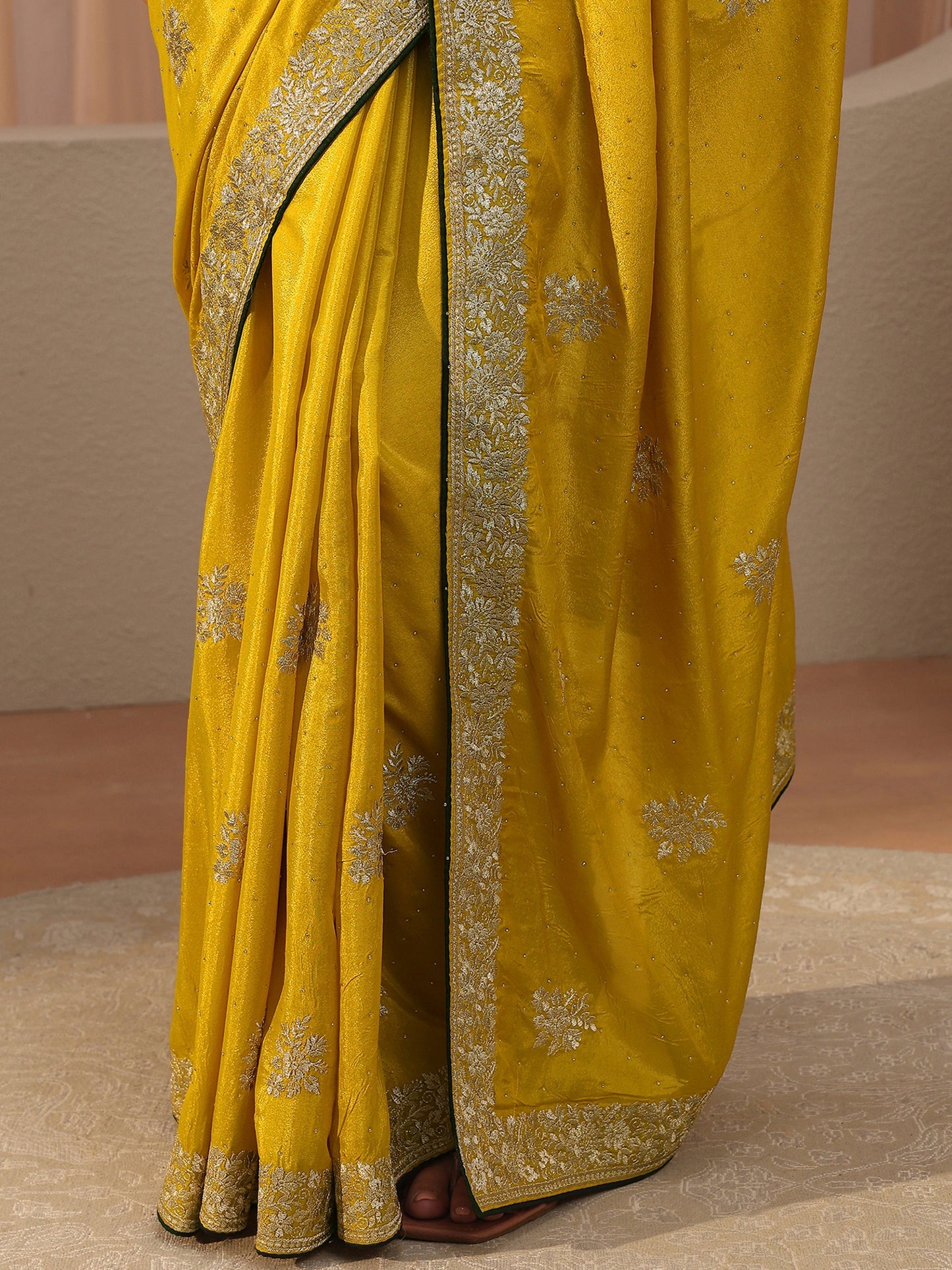 Libas Mustard Floral Embroidered Silk Blend Saree