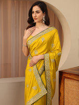 Libas Mustard Floral Embroidered Silk Blend Saree
