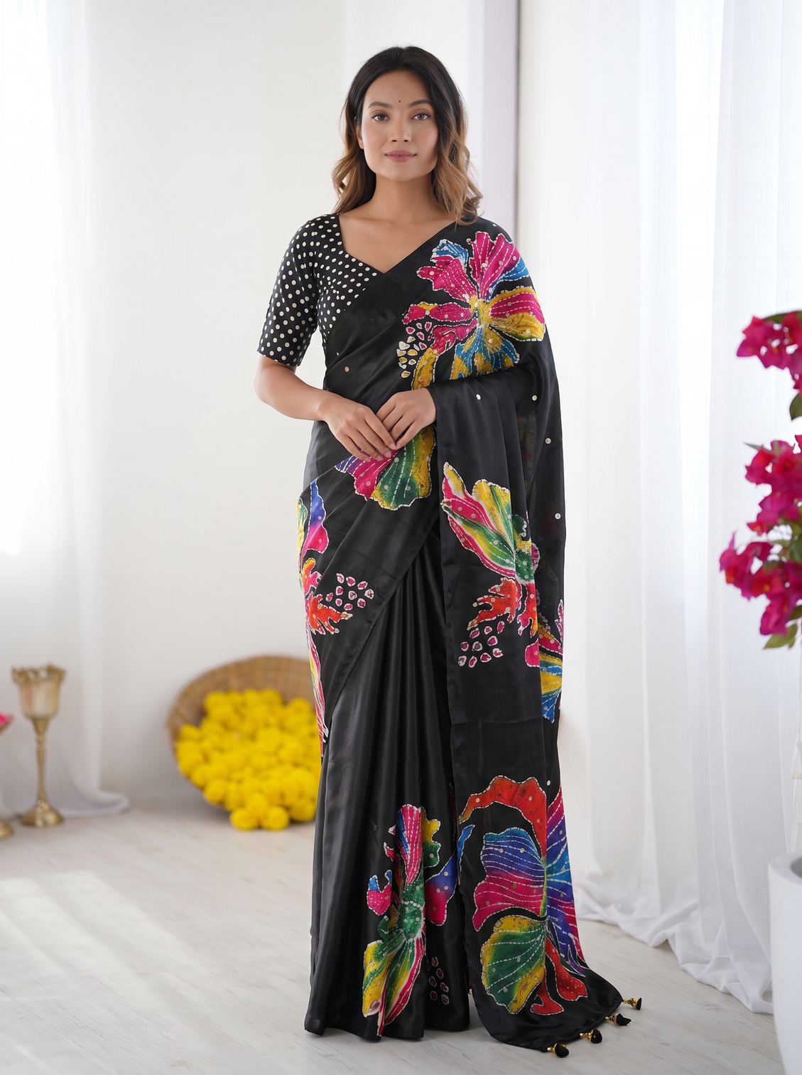 Black modal silk saree with multicolor floral art print handcrafted inspired design designer tassel pallu