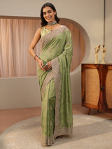 Libas Sage Green Ethnic Embroidered Silk Blend Saree