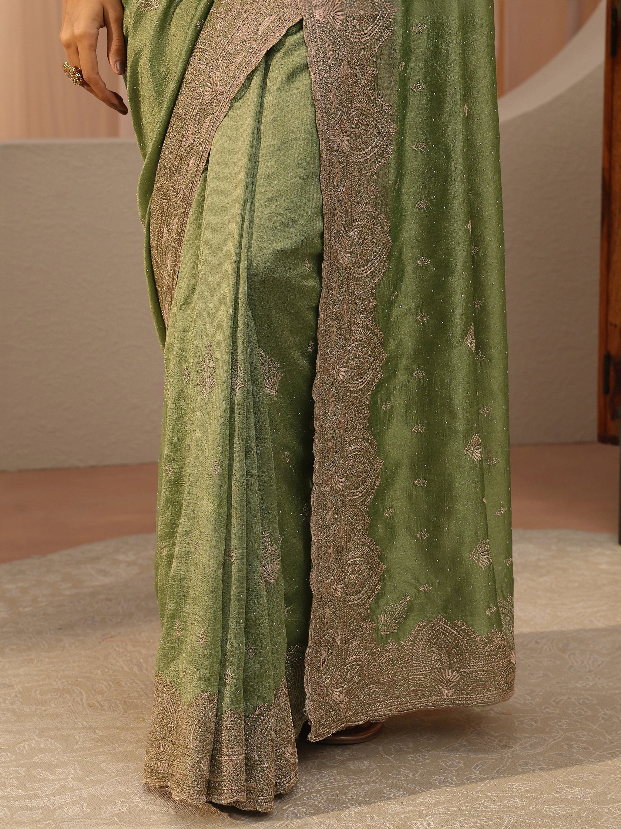 Libas Sage Green Ethnic Embroidered Silk Blend Saree