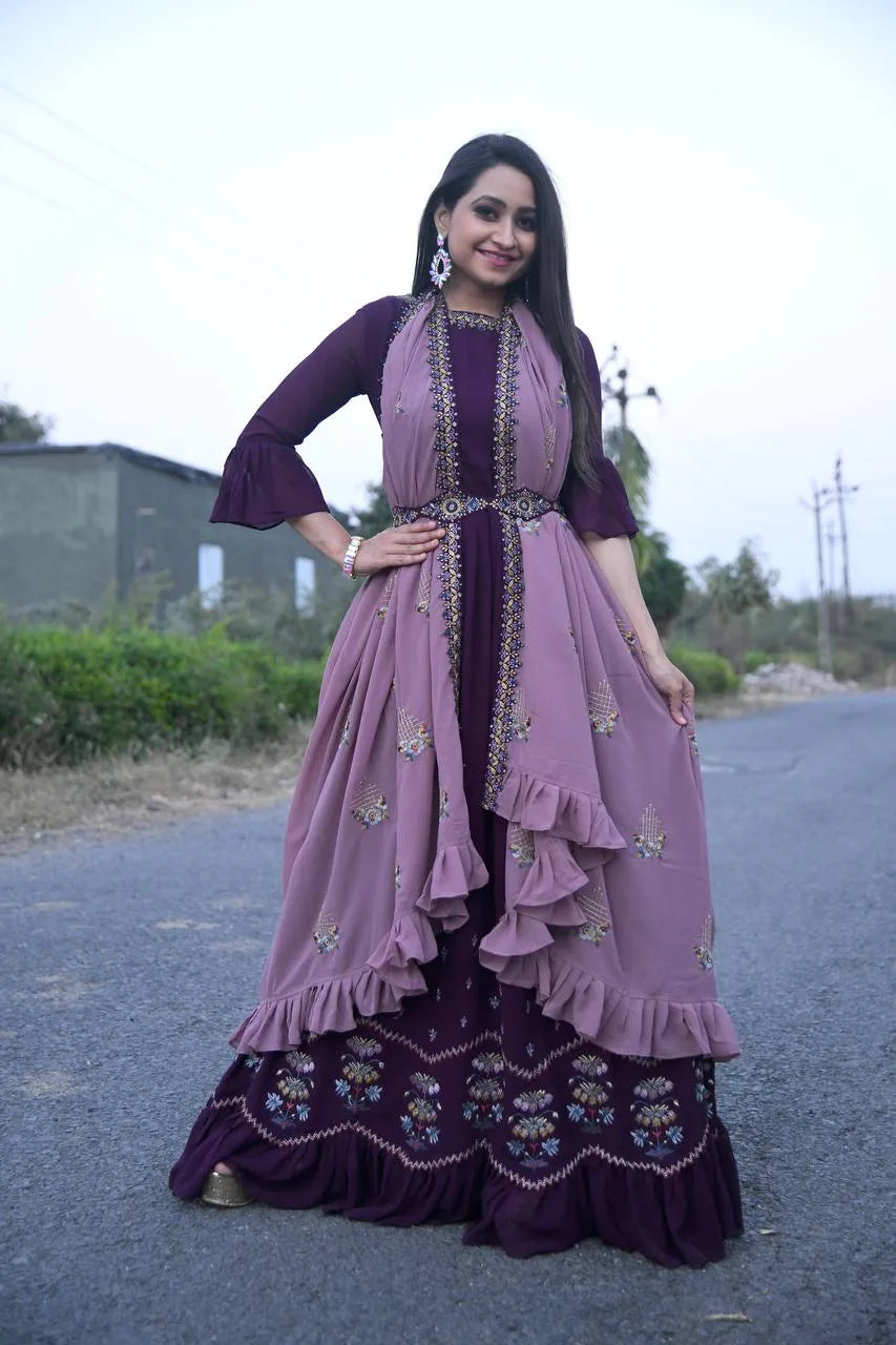 Dupatta-embellished Floor-length Gown in Purple Hue