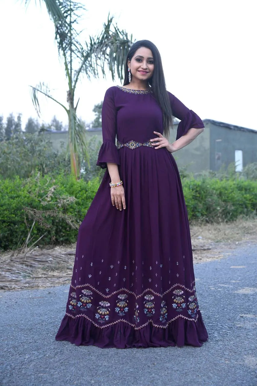 Dupatta-embellished Floor-length Gown in Purple Hue