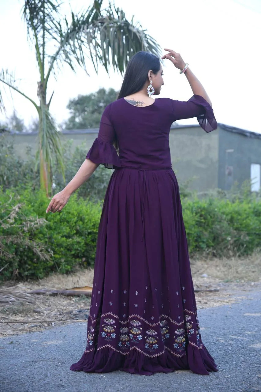 Dupatta-embellished Floor-length Gown in Purple Hue