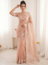 Peach Pure Raspberry Crush Silk Saree with Lucknowi Embroidery