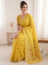 Yellow Premium Soft Muga Cotton Saree with Paithani Swan Meenakari Pallu