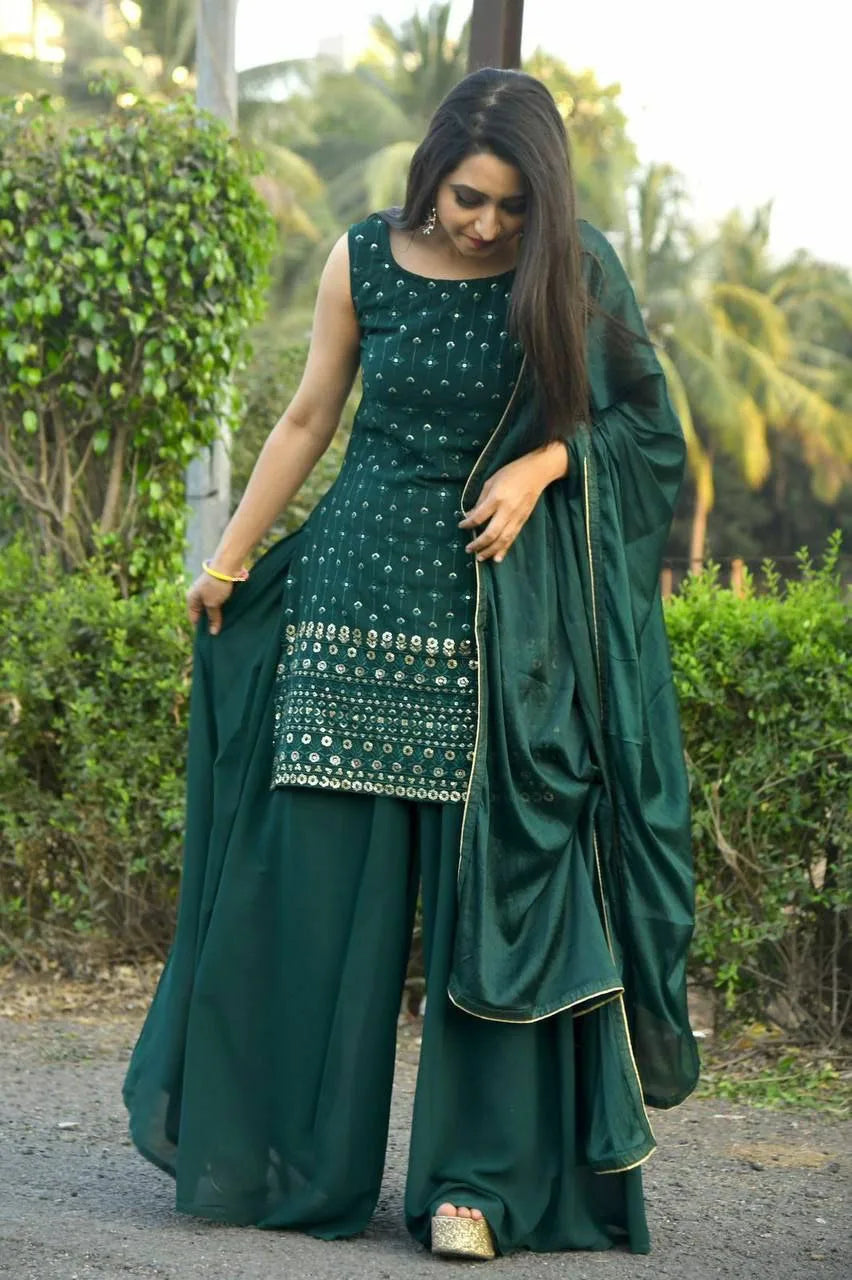 Women's Party Wear Sharara Set in Dark Green