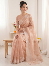 Peach Pure Raspberry Crush Silk Saree with Lucknowi Embroidery