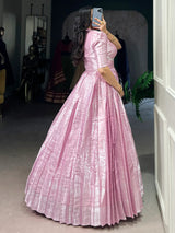 Dazzling Baby Pink Zari Weaving Silk Festival Wear Gown With Koti