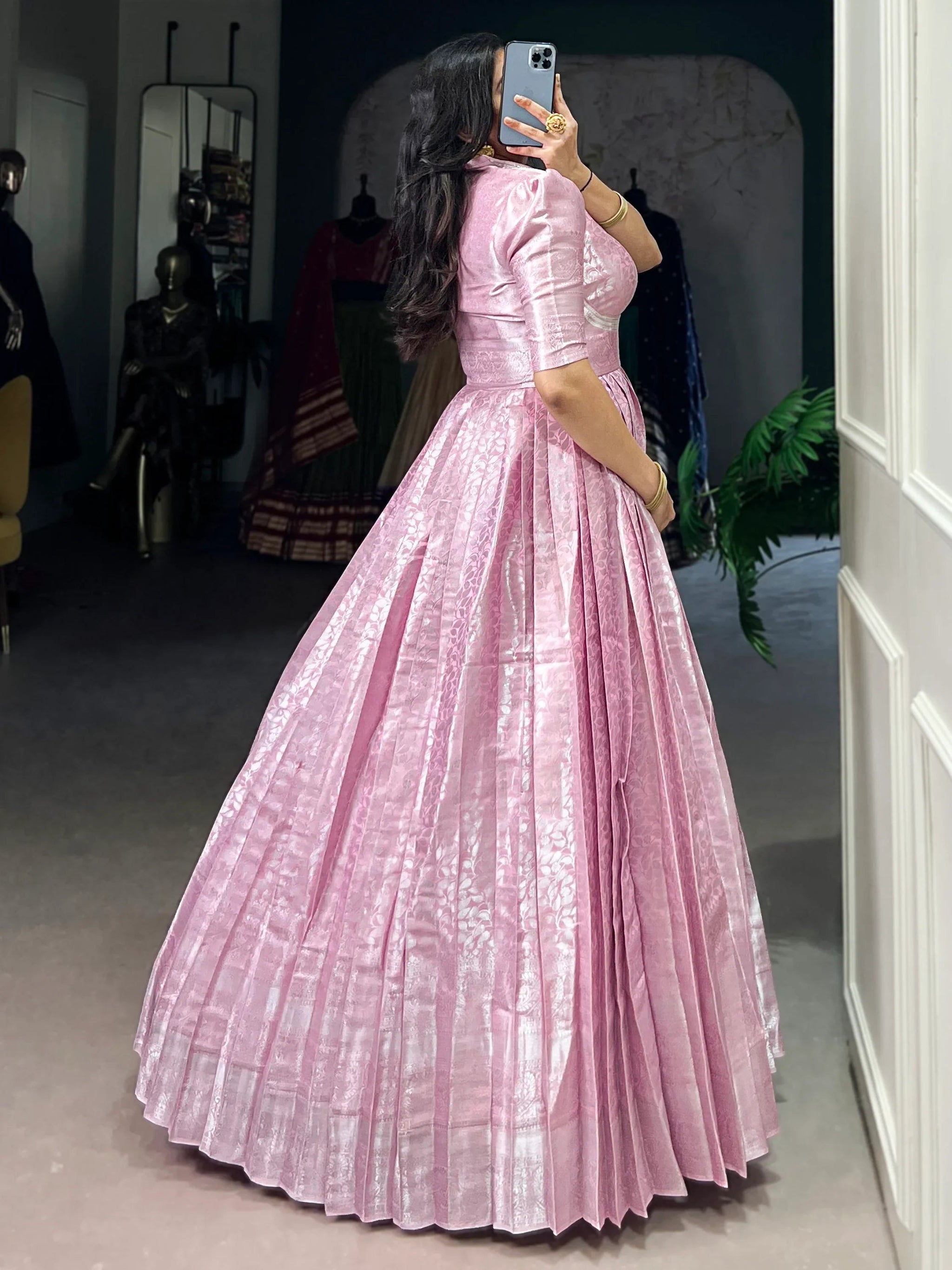 Dazzling Baby Pink Zari Weaving Silk Festival Wear Gown With Koti