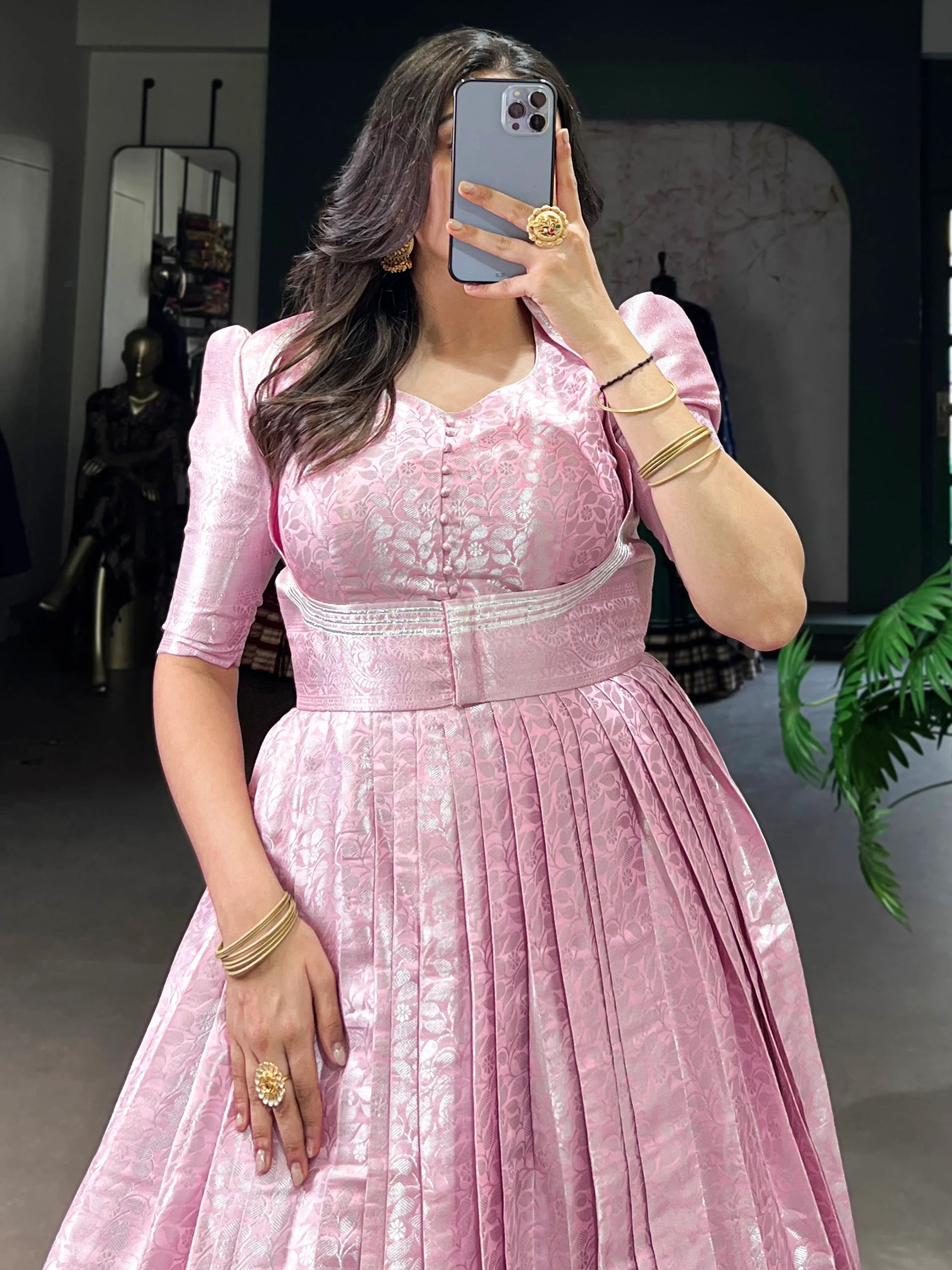 Dazzling Baby Pink Zari Weaving Silk Festival Wear Gown With Koti