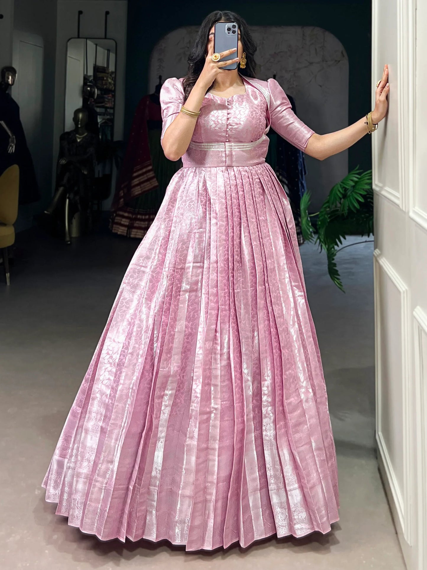 Dazzling Baby Pink Zari Weaving Silk Festival Wear Gown With Koti
