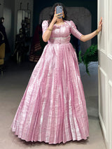 Dazzling Baby Pink Zari Weaving Silk Festival Wear Gown With Koti