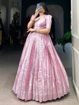Dazzling Baby Pink Zari Weaving Silk Festival Wear Gown With Koti