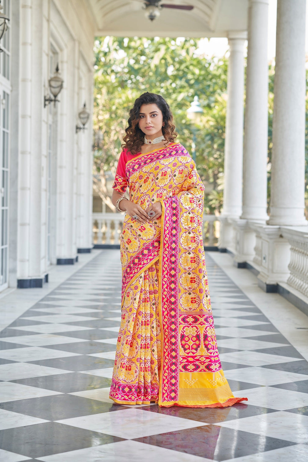 Yellow With Pink Color Patola Weaving Zari Silk Saree