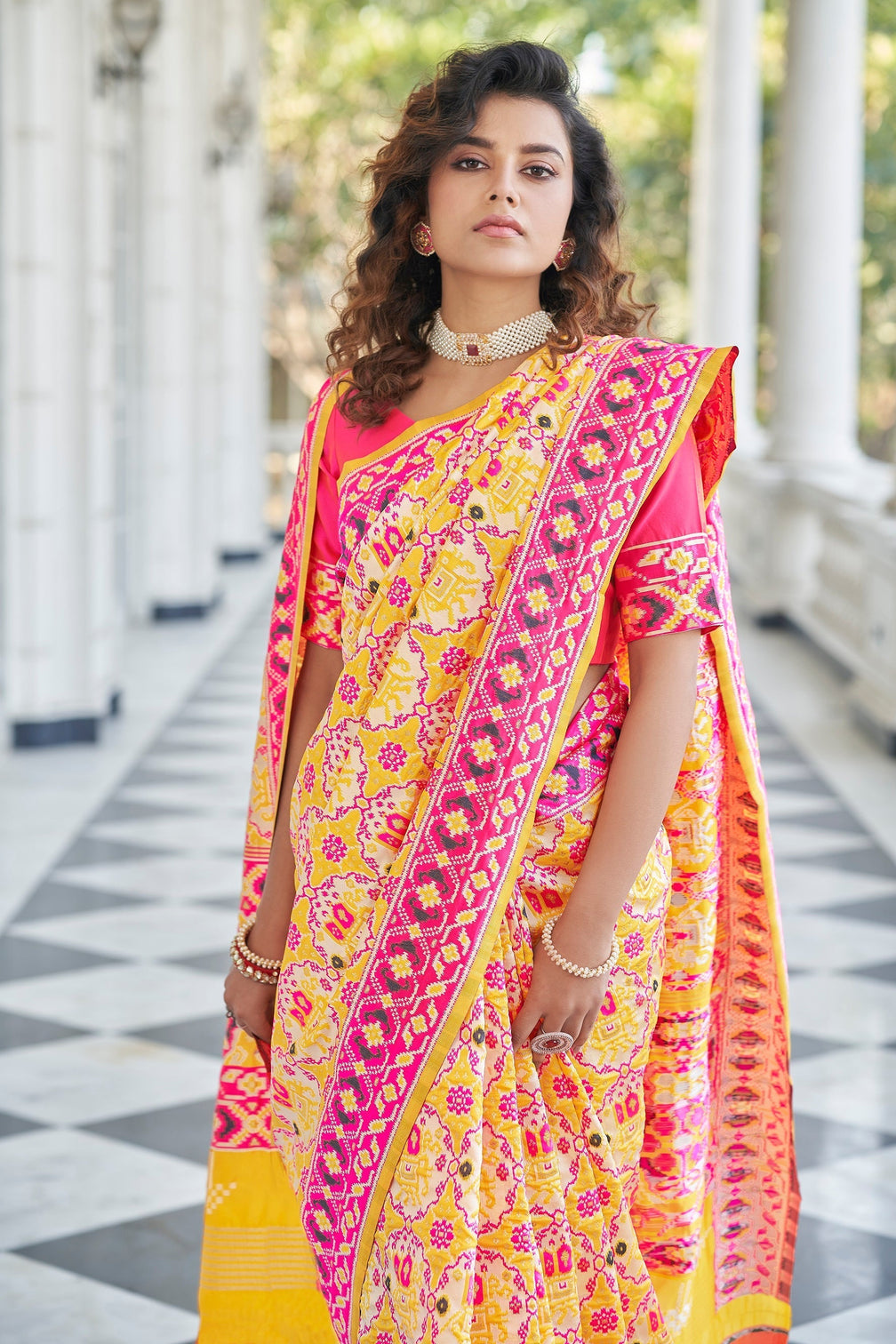 Yellow With Pink Color Patola Weaving Zari Silk Saree