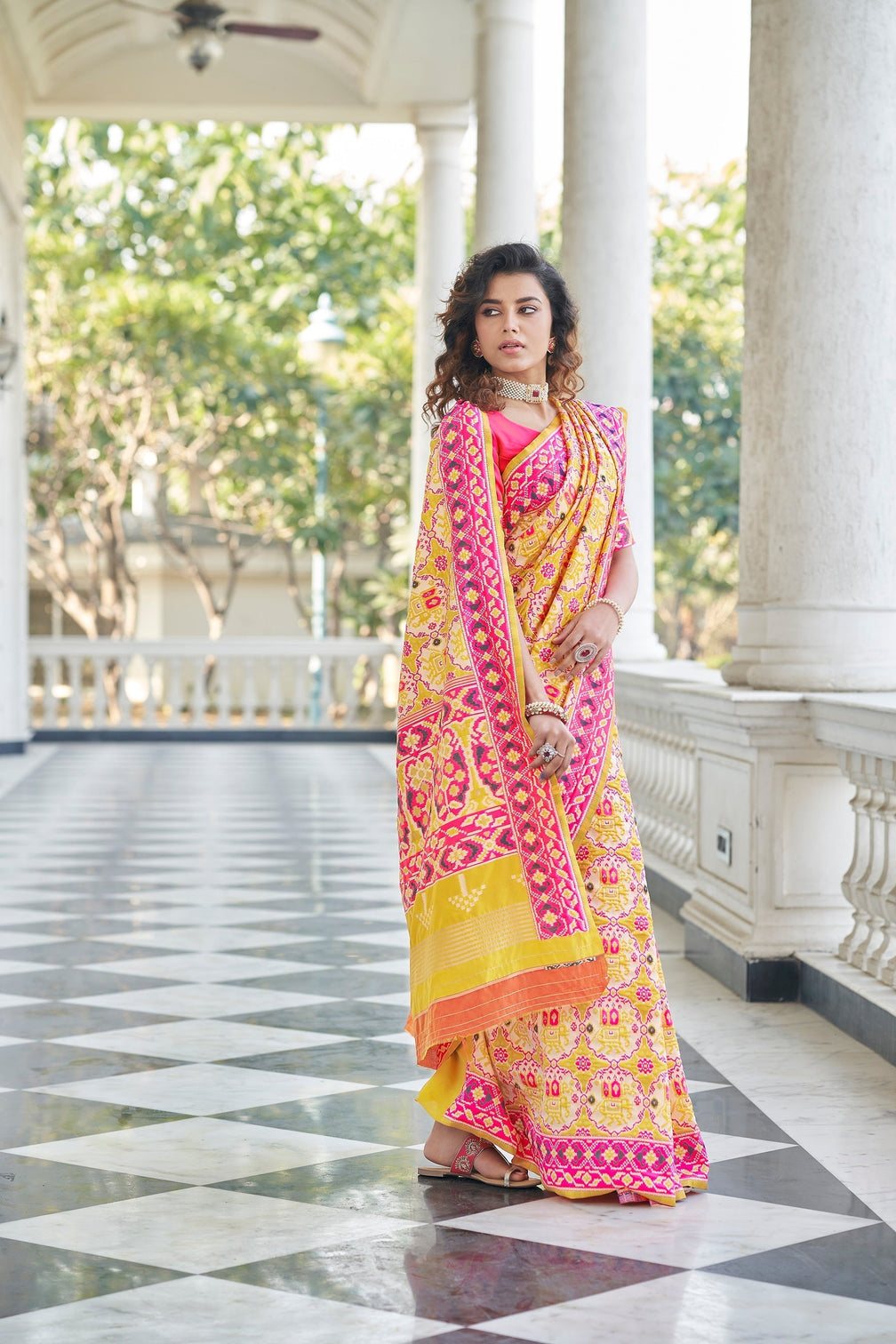 Yellow With Pink Color Patola Weaving Zari Silk Saree