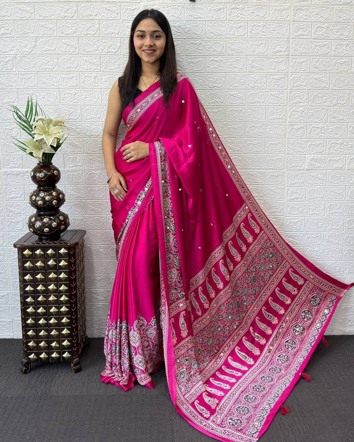 Rani pink modal silk saree with heritage paisley pallu intricate ethnic border designer traditional print mameraa