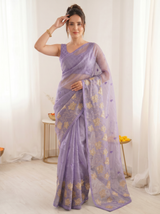Lavender Pure Oris Silk Saree with Embroidered Lotus Buttis & Applique Border
