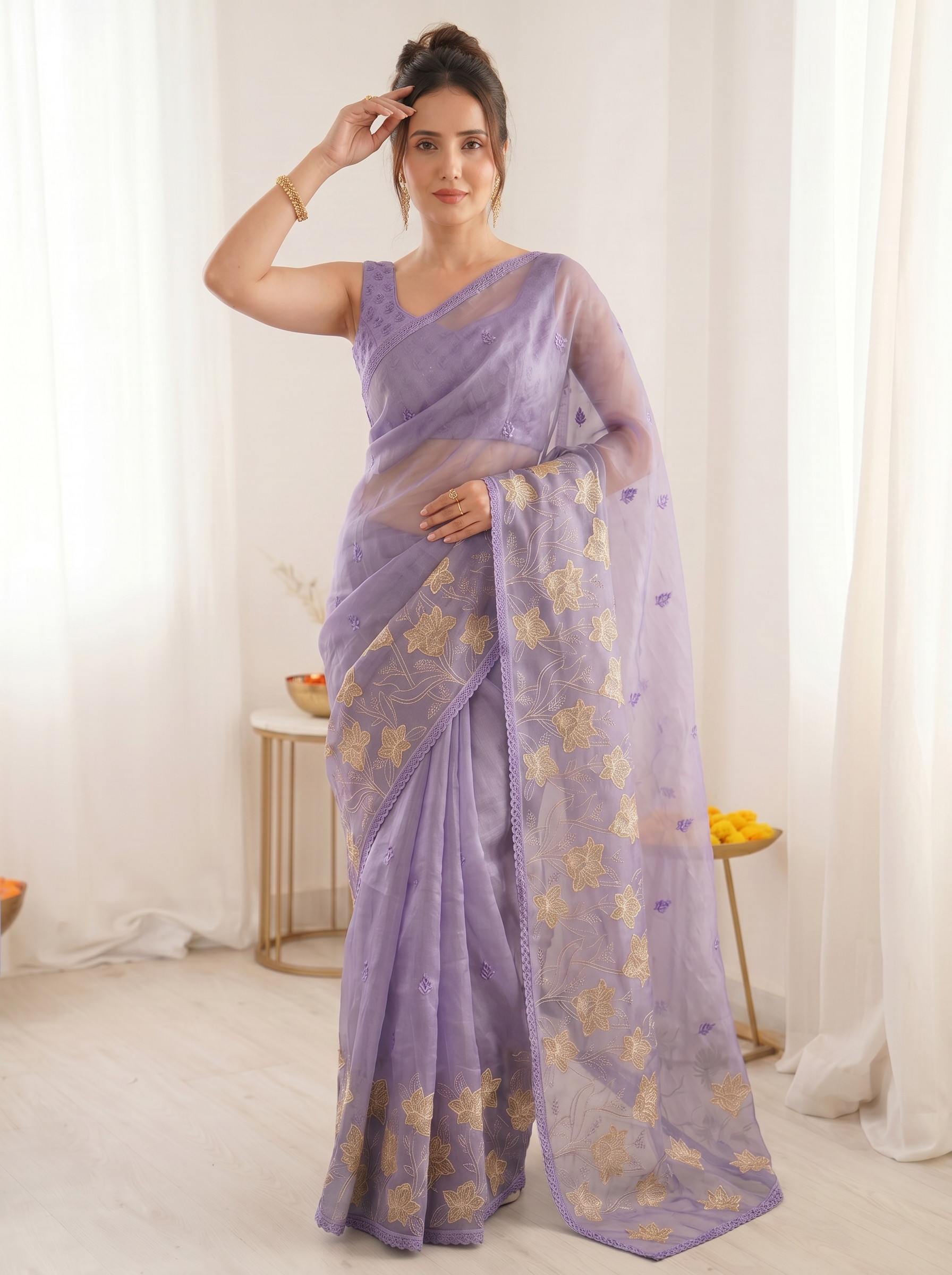 Lavender Pure Oris Silk Saree with Embroidered Lotus Buttis & Applique Border