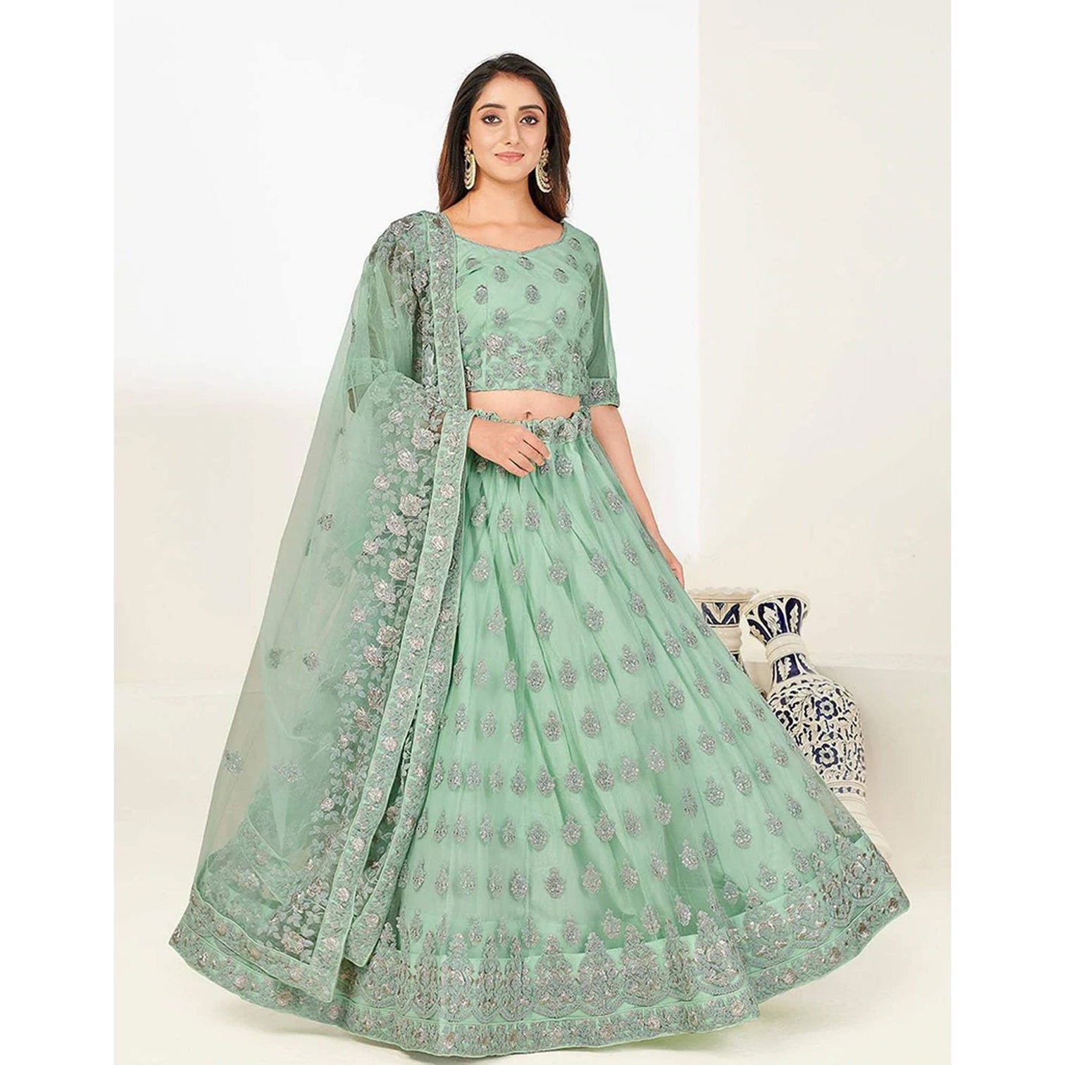 Soft Net Lehenga Choli with heavy Zari and Thread and Embroidery Work