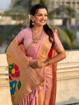 Baby Pink Wedding Special Nauvari Paithani Soft Silk Saree with Zari Woven Polka Motifs and Peacock Pallu