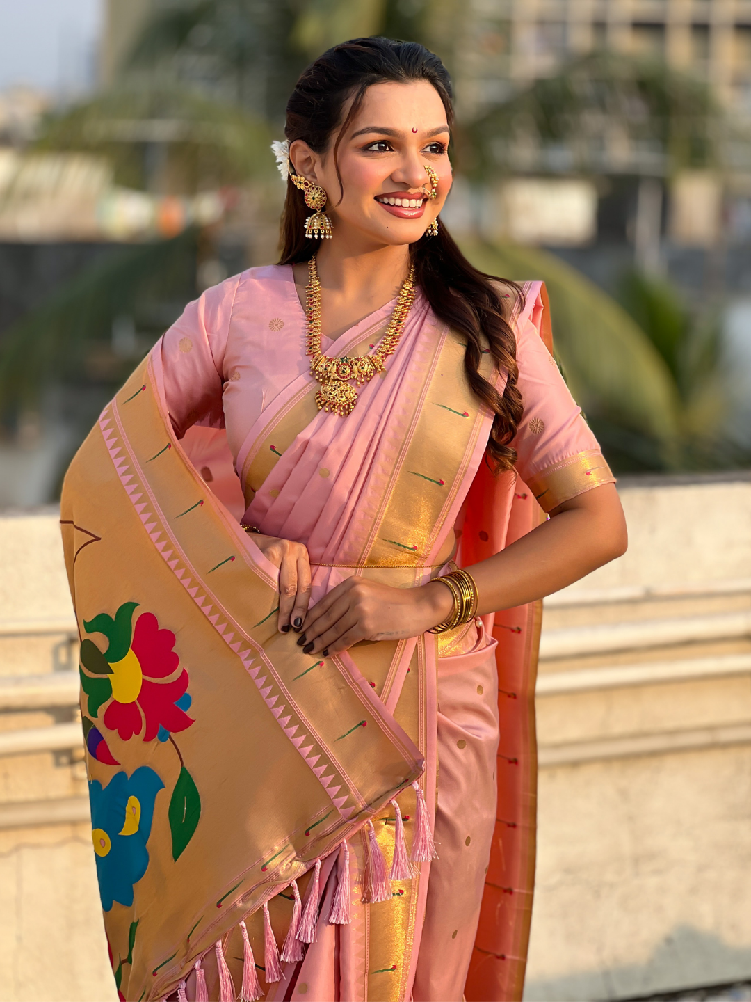 Baby Pink Wedding Special Nauvari Paithani Soft Silk Saree with Zari Woven Polka Motifs and Peacock Pallu