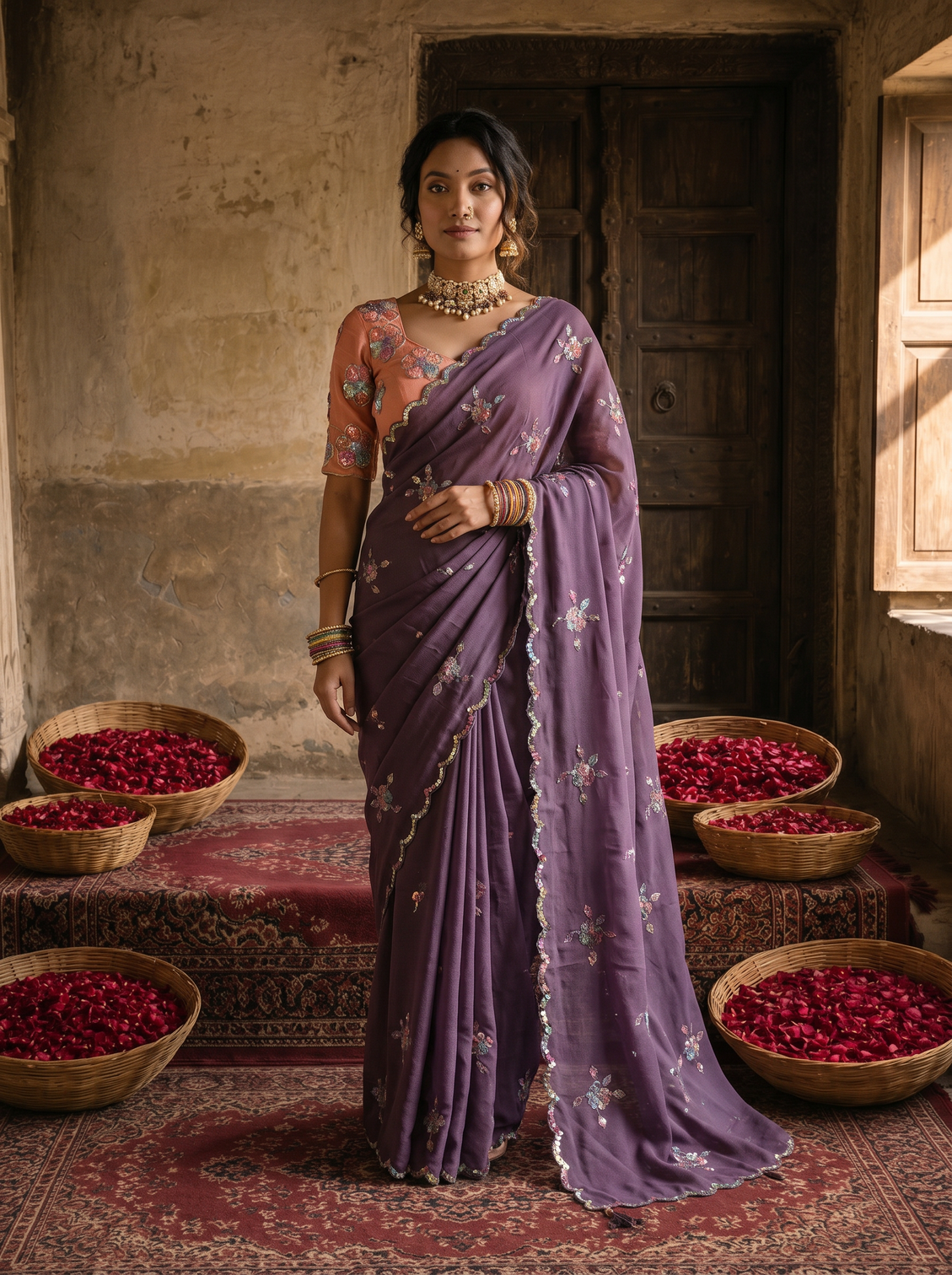 Dusty lavender georgette embroidered saree with floral sequin work peach designer blouse mameraa