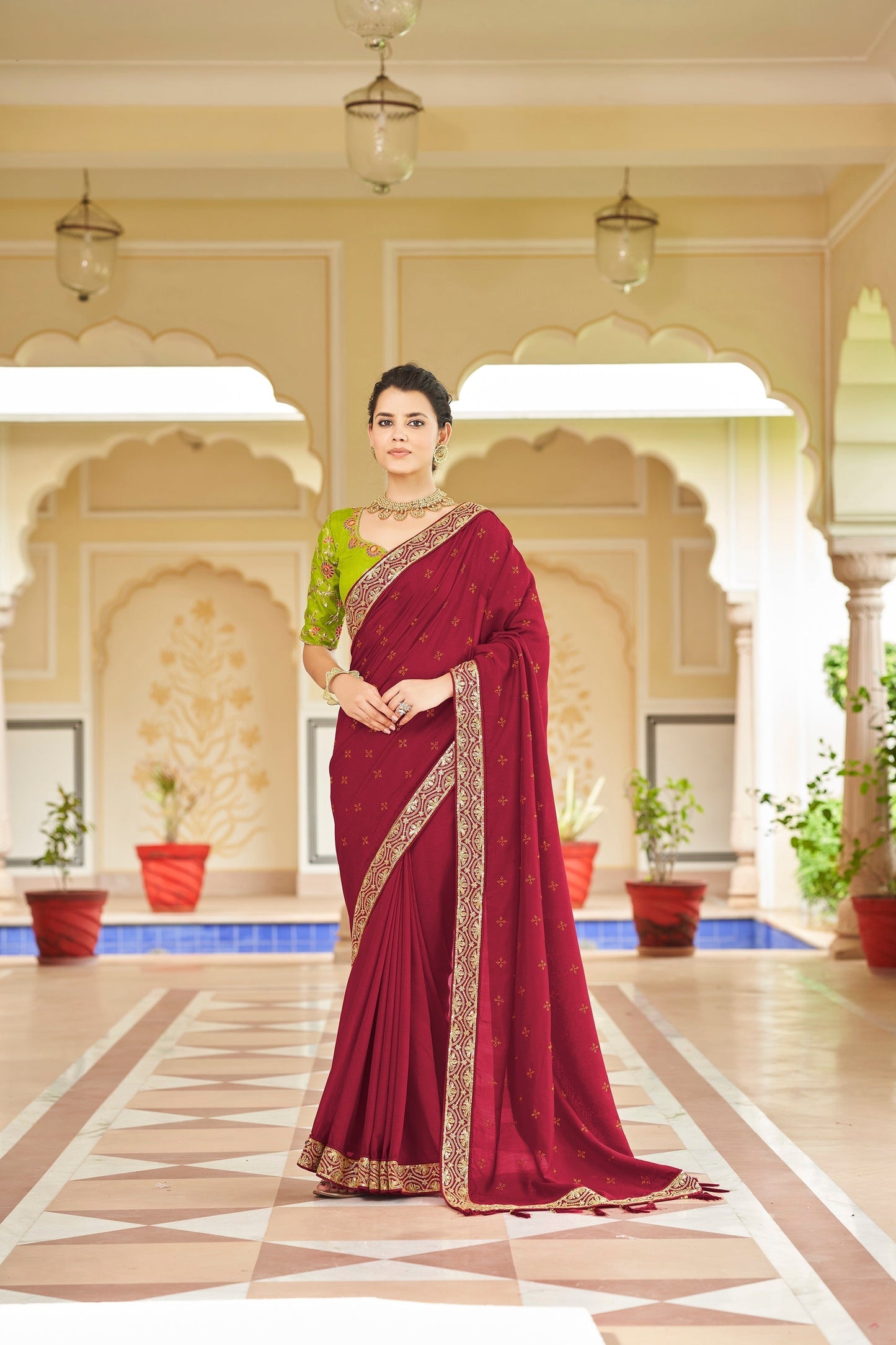 Designer Red Color Swarovski Sequence Work Silk Saree