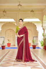 Designer Red Color Swarovski Sequence Work Silk Saree