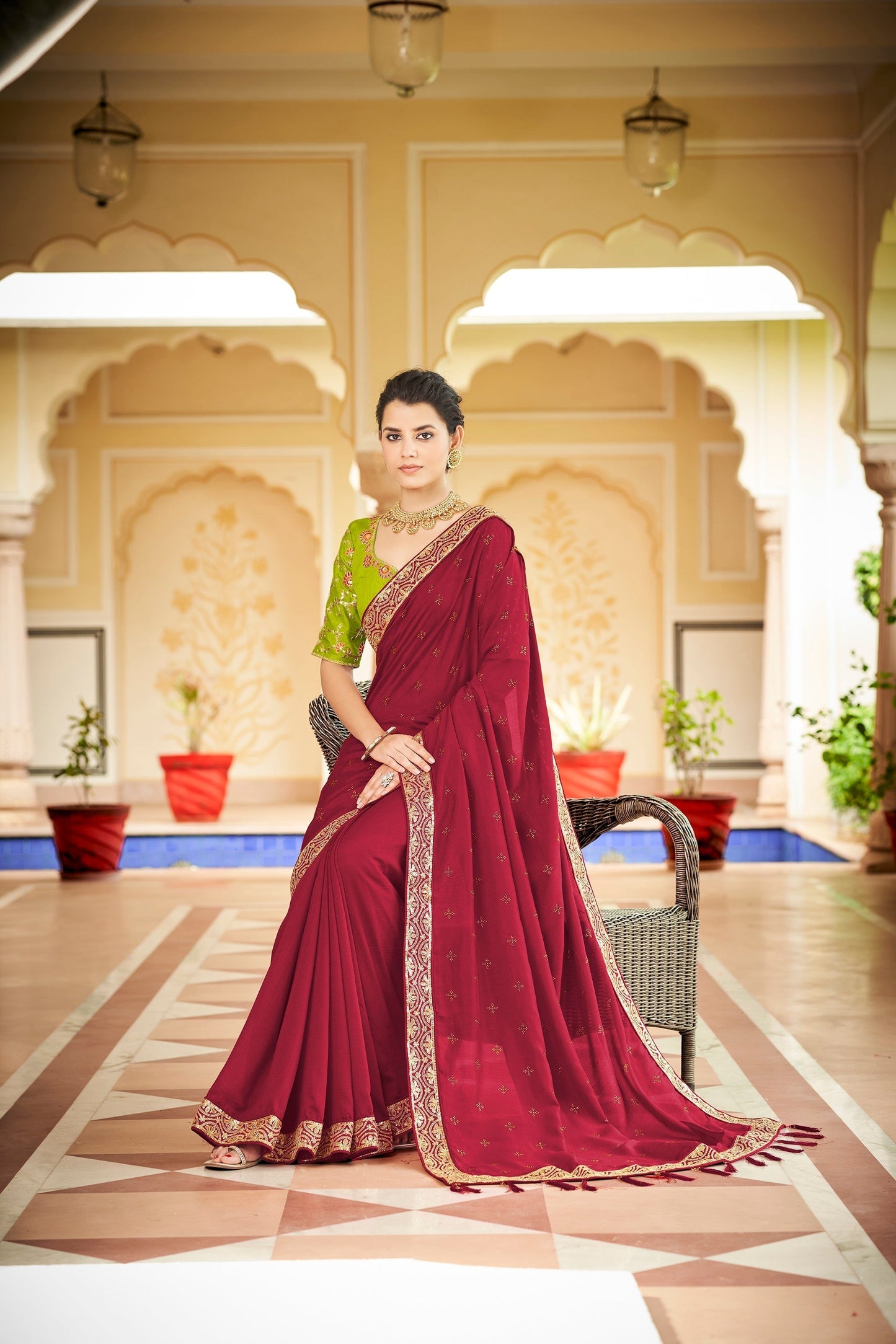 Designer Red Color Swarovski Sequence Work Silk Saree