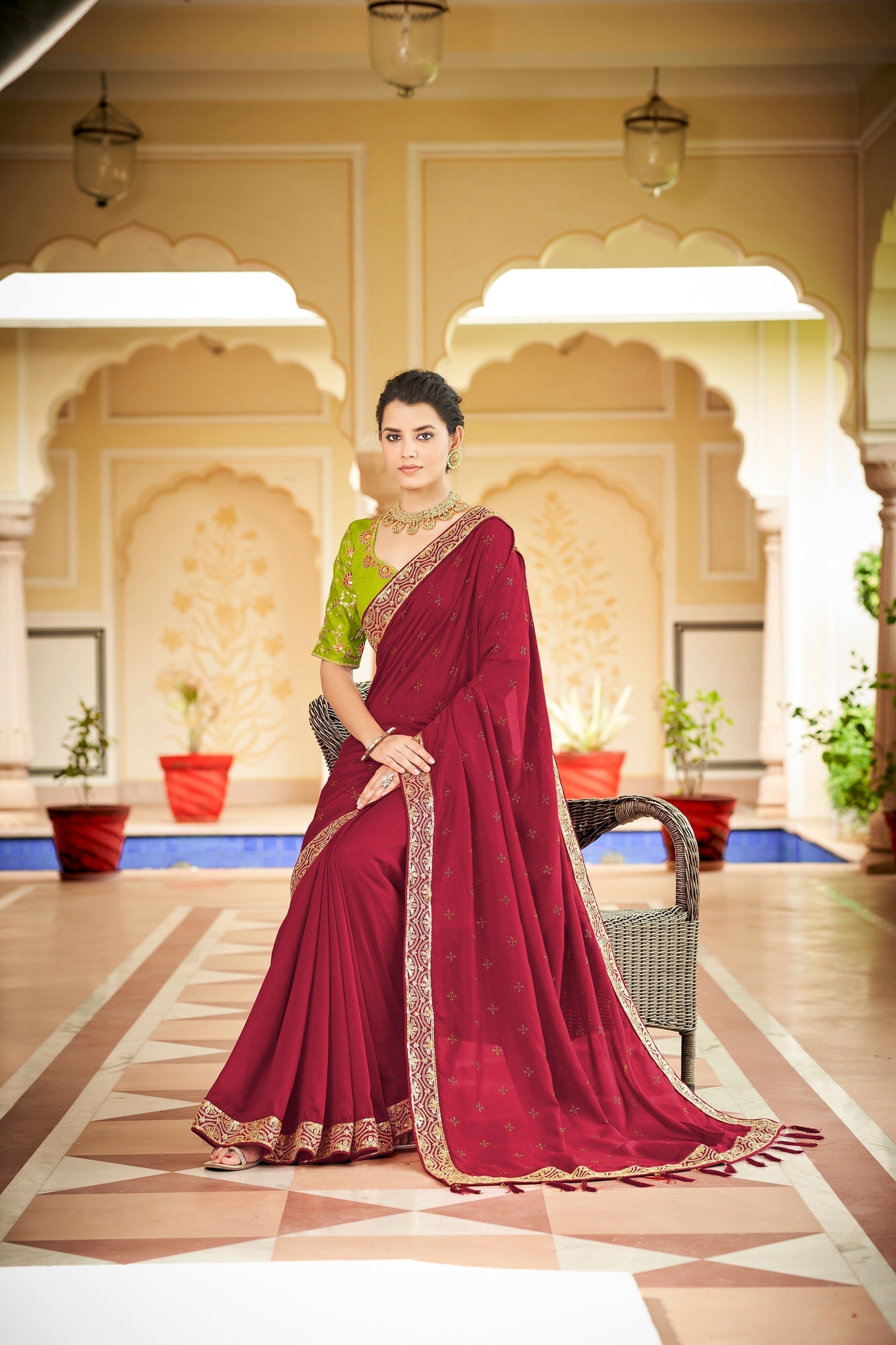 Designer Red Color Swarovski Sequence Work Silk Saree