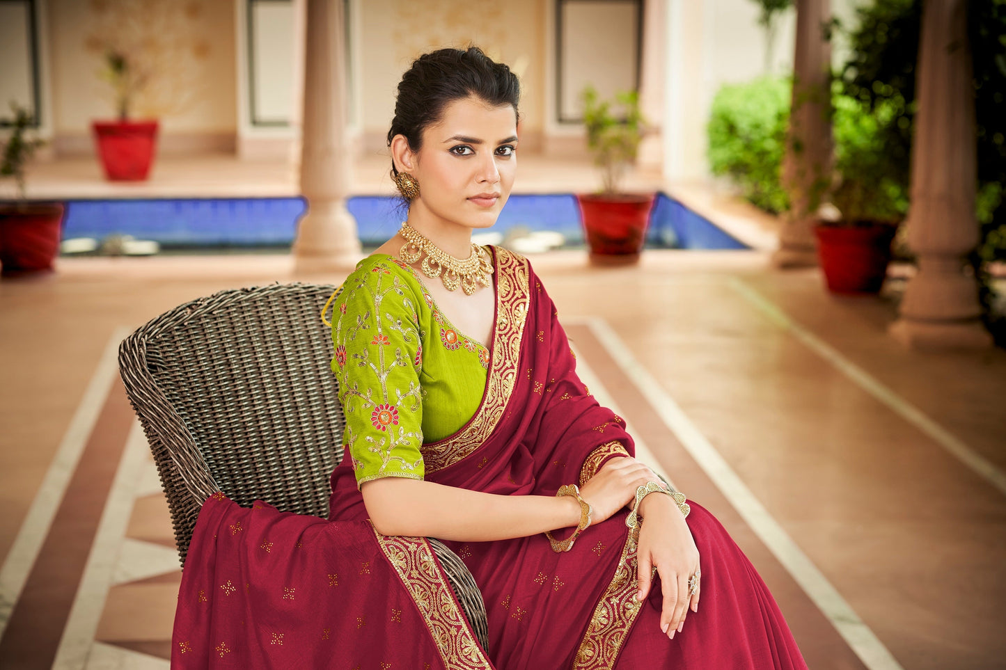 Designer Red Color Swarovski Sequence Work Silk Saree