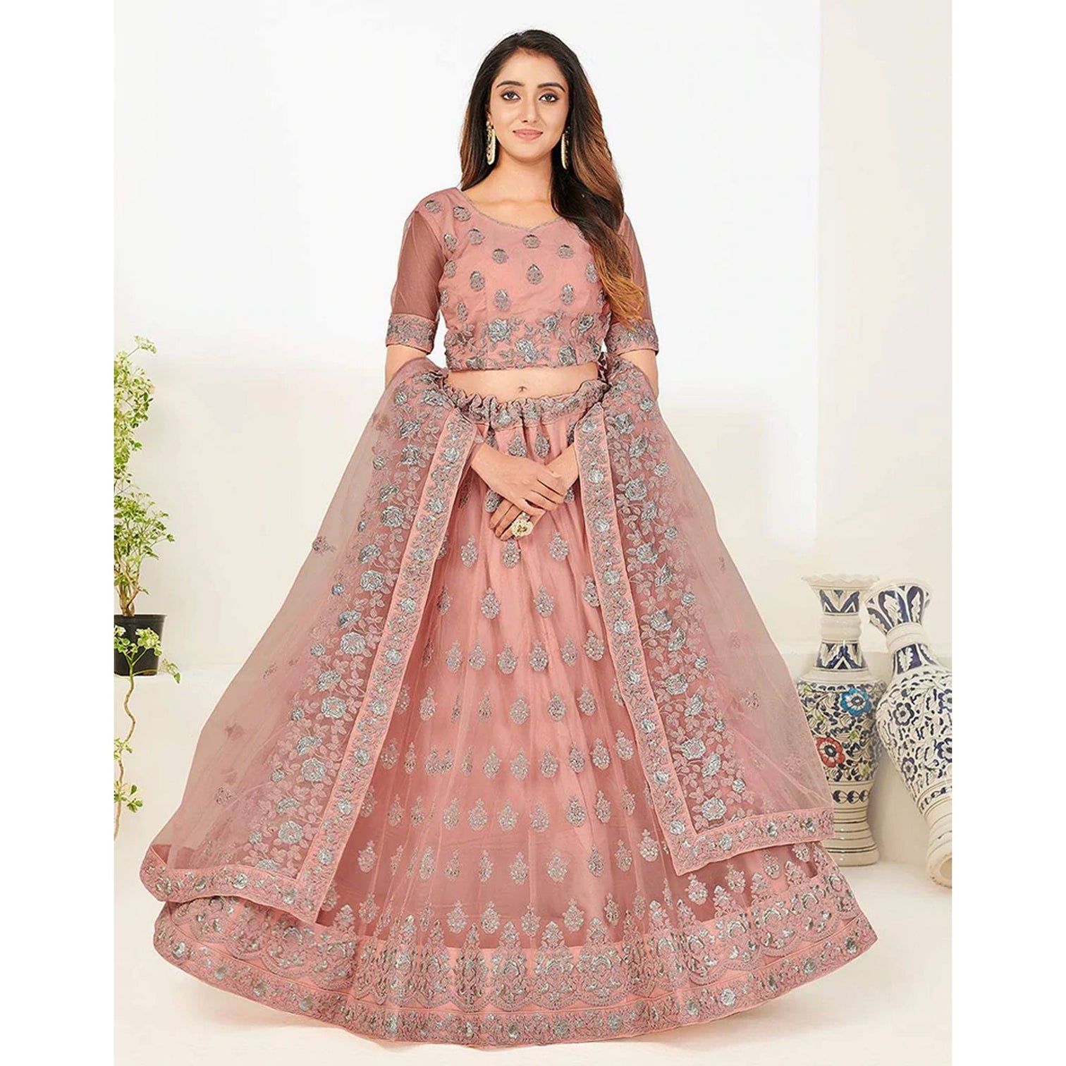 Soft Net Lehenga Choli with heavy Zari and Thread and Embroidery Work