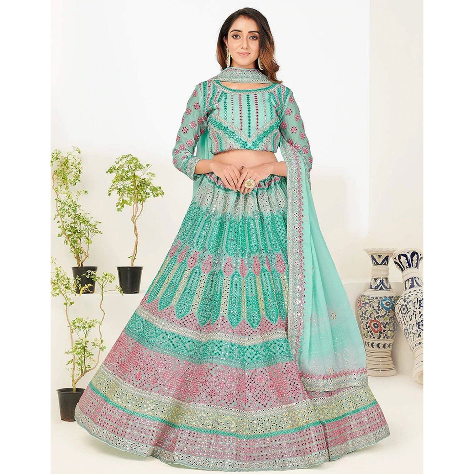Green Blue Foil Mirror, Thread and Zari Work Lehenga choli