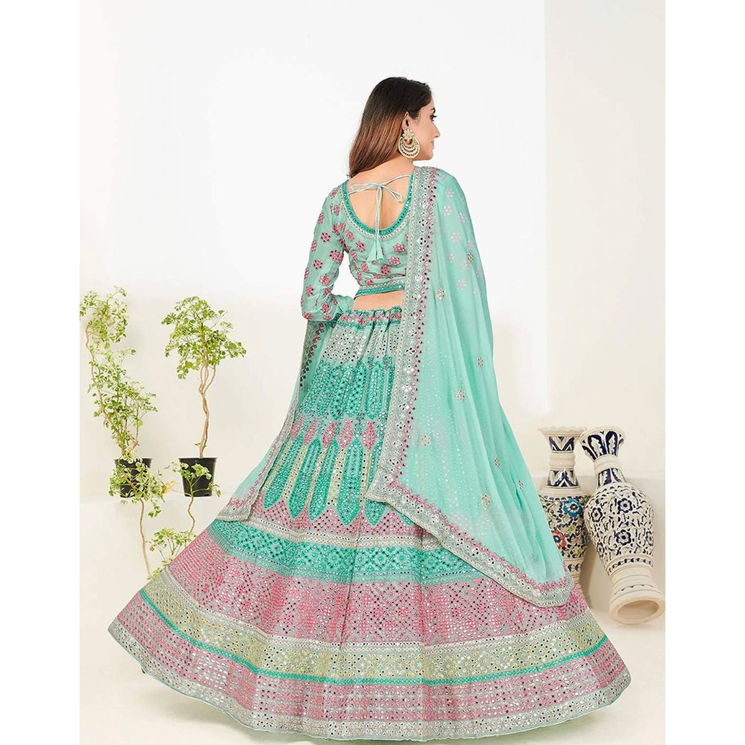 Green Blue Foil Mirror, Thread and Zari Work Lehenga choli