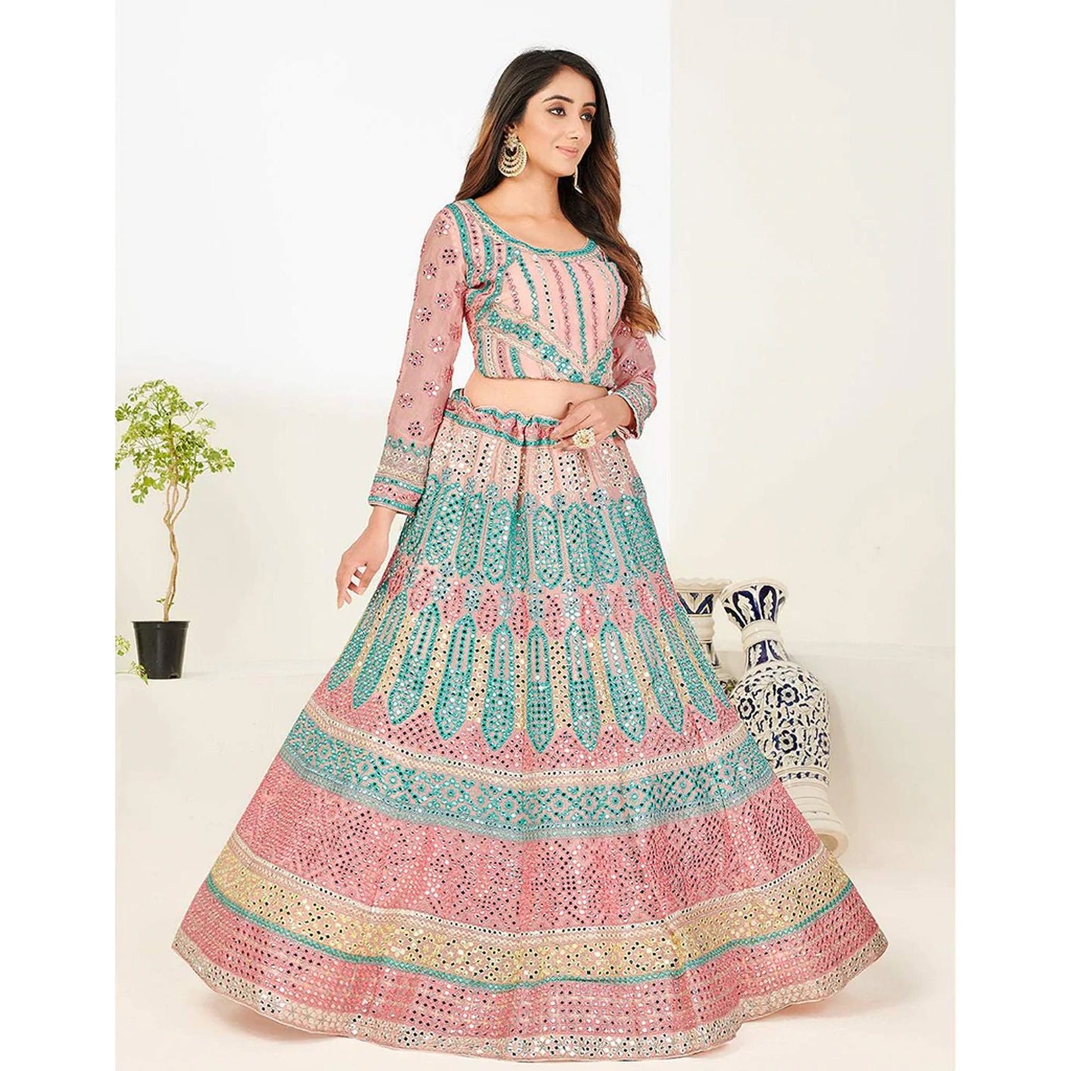 Green Blue Foil Mirror, Thread and Zari Work Lehenga choli