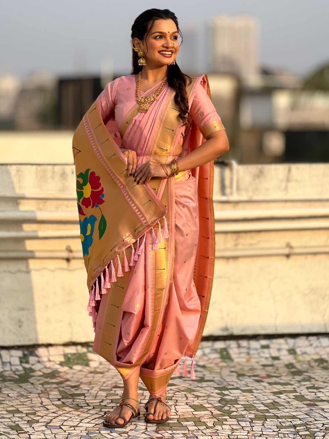 Baby Pink Wedding Special Nauvari Paithani Soft Silk Saree with Zari Woven Polka Motifs and Peacock Pallu