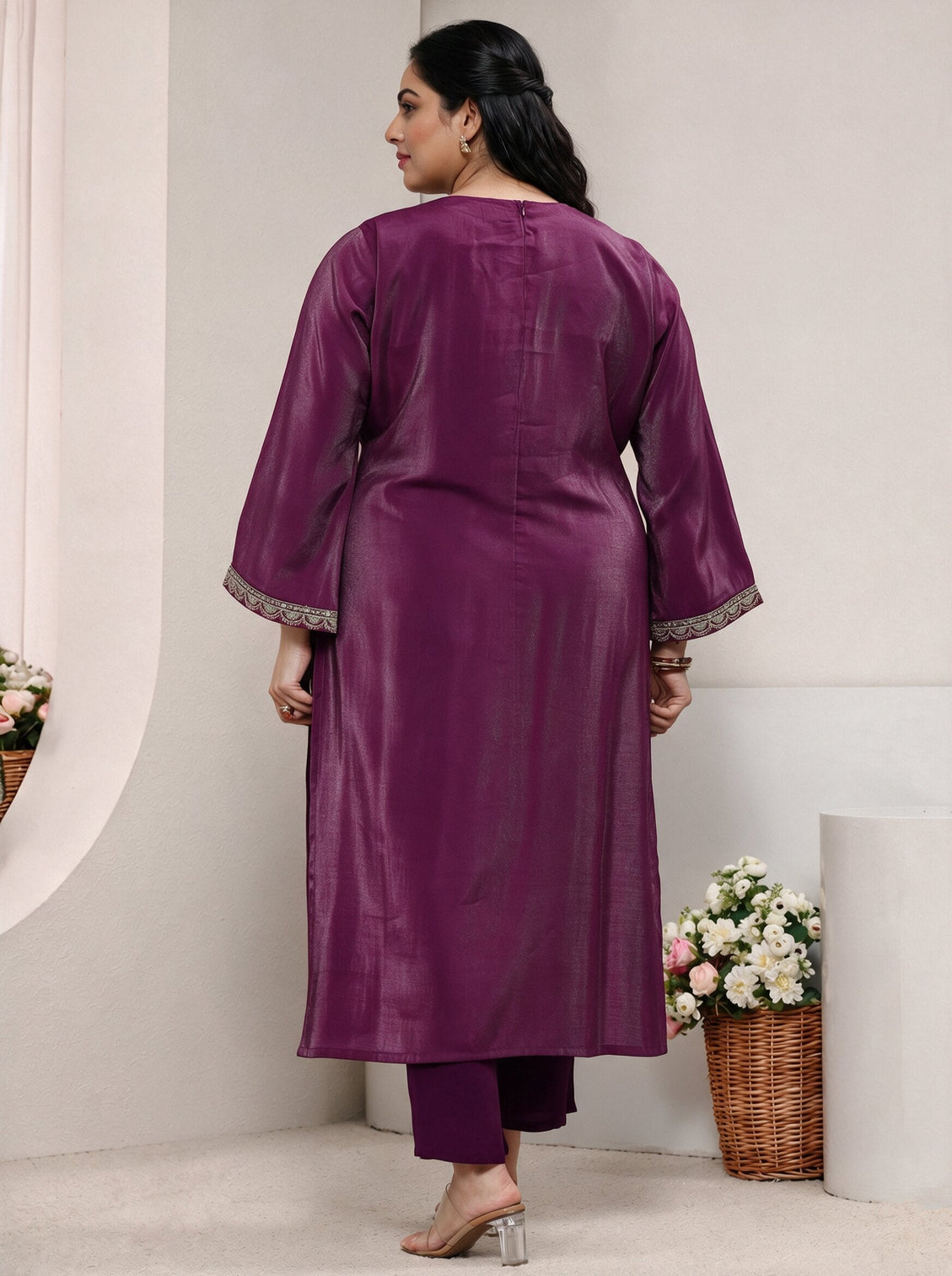 Plus Size Magenta Embroidered Silk Blend Straight Kurta