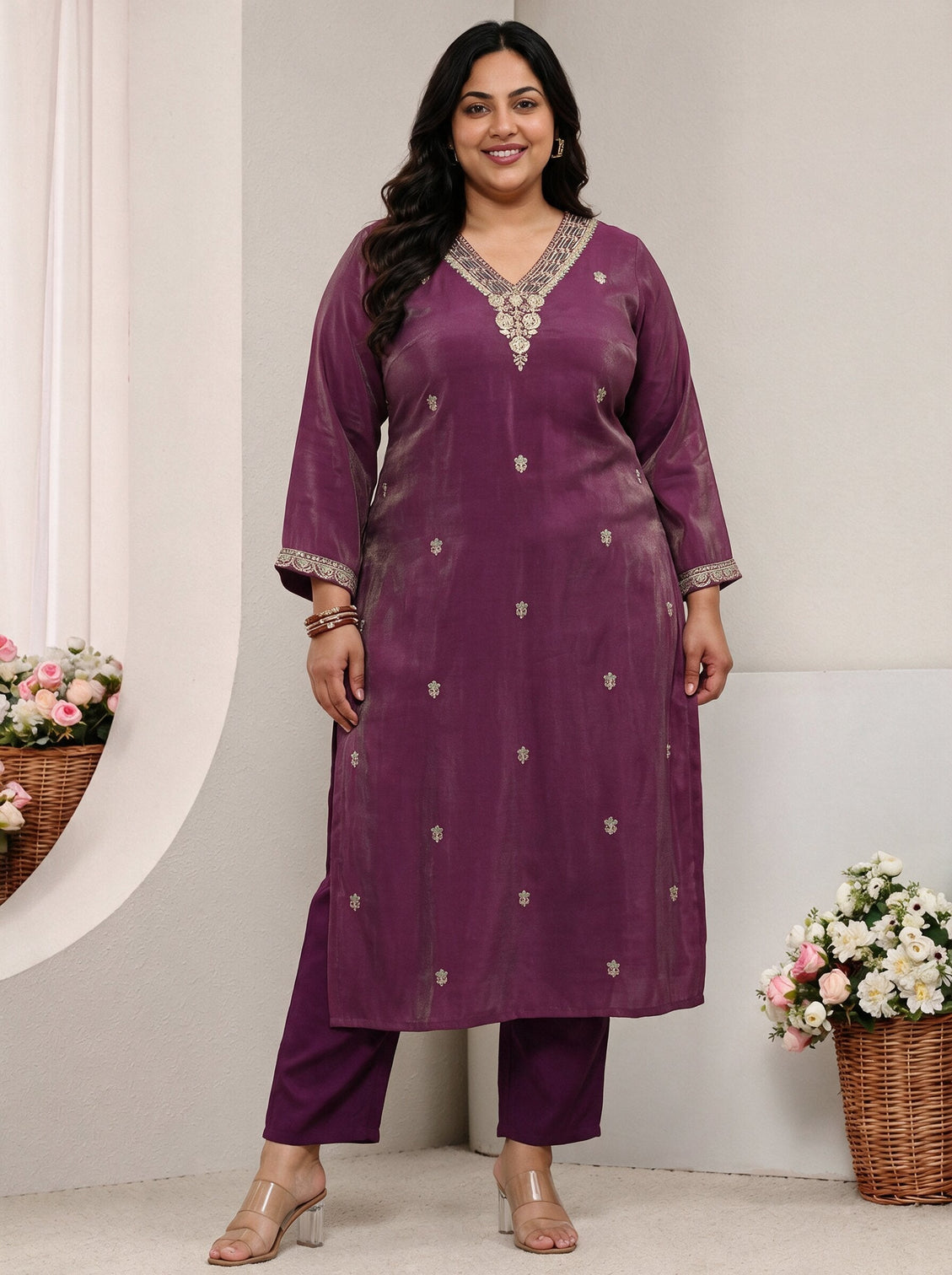 Plus Size Magenta Embroidered Silk Blend Straight Kurta