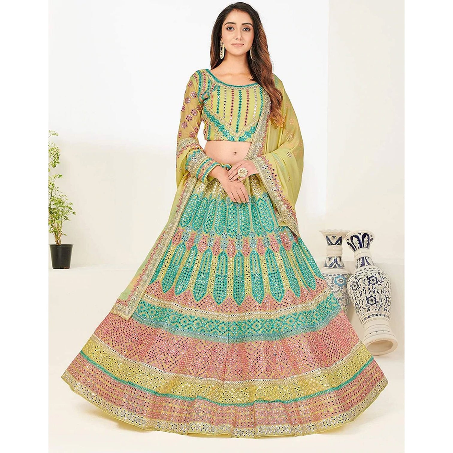 Green Blue Foil Mirror, Thread and Zari Work Lehenga choli