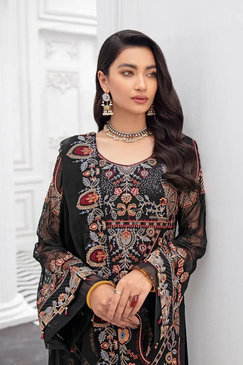 Salwar Suit Set in Black with Intricate Embroidery Detailing
