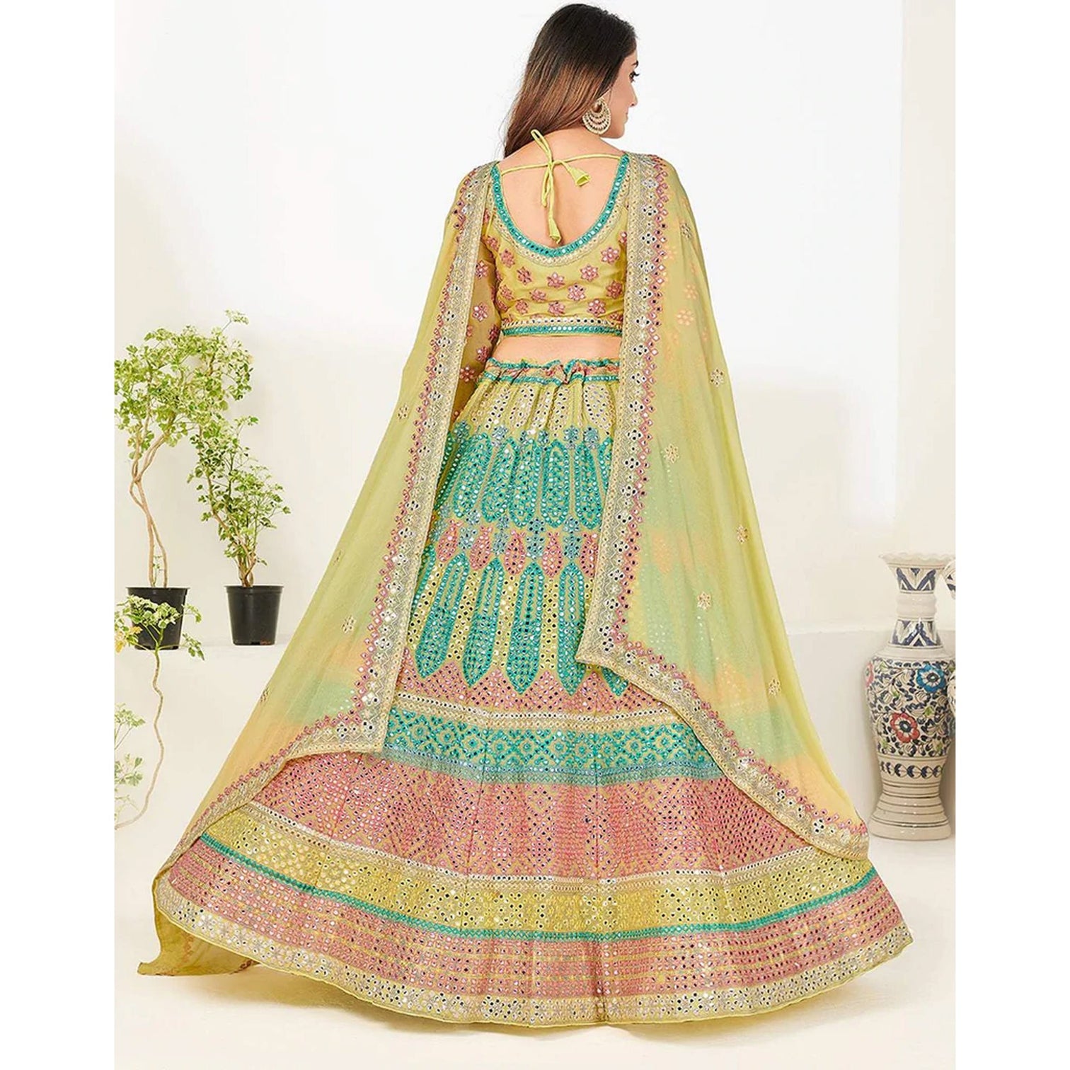 Green Blue Foil Mirror, Thread and Zari Work Lehenga choli