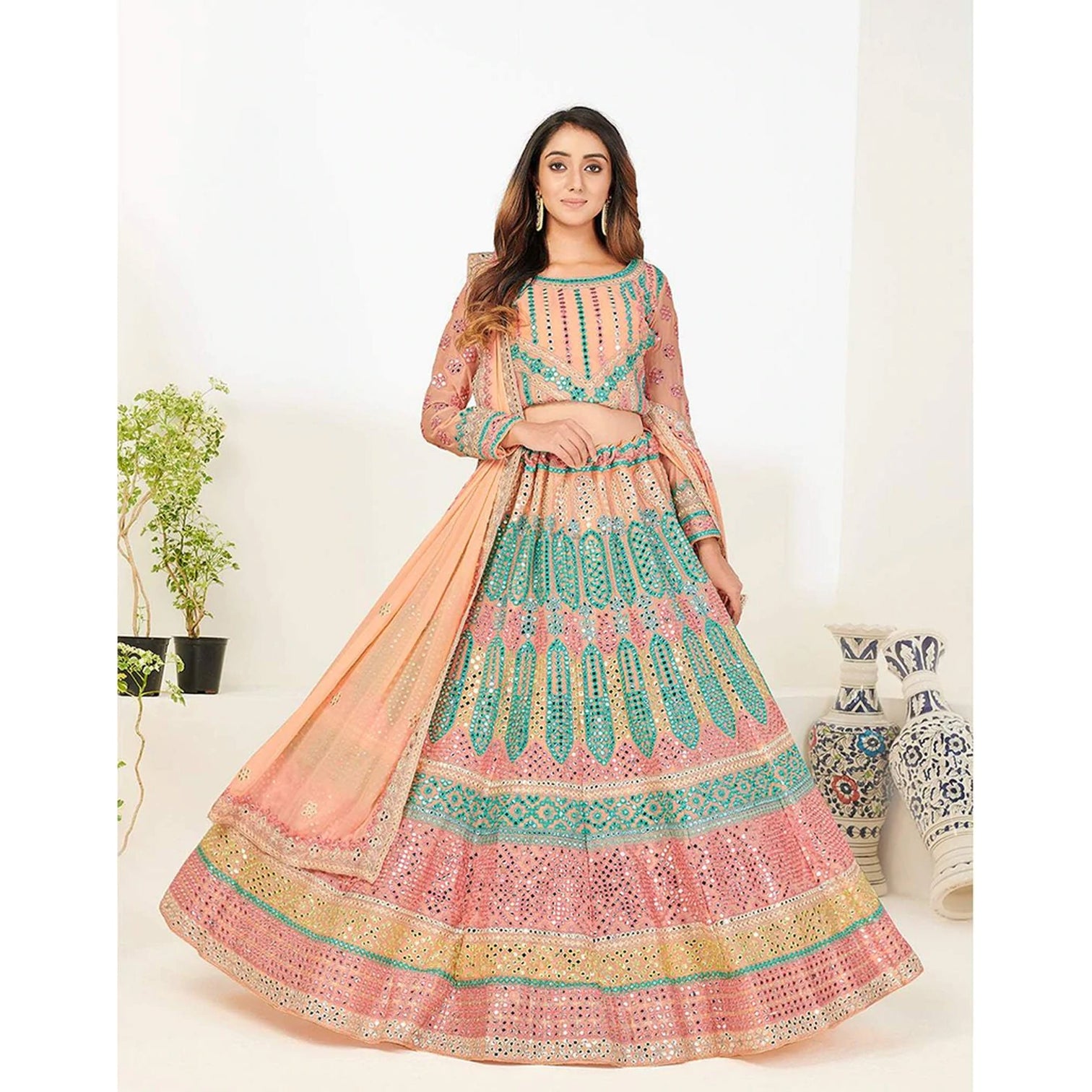 Green Blue Foil Mirror, Thread and Zari Work Lehenga choli