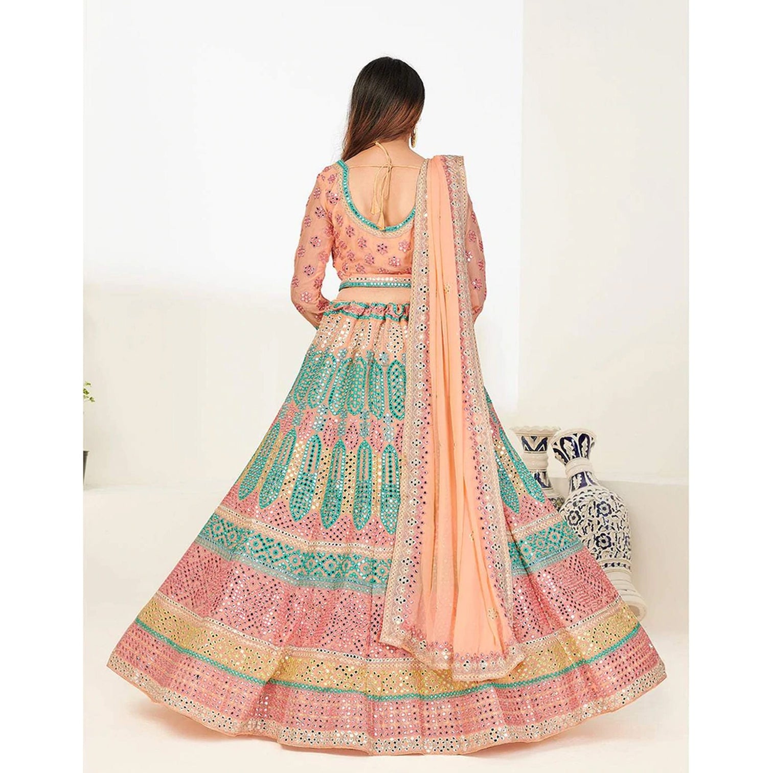 Green Blue Foil Mirror, Thread and Zari Work Lehenga choli