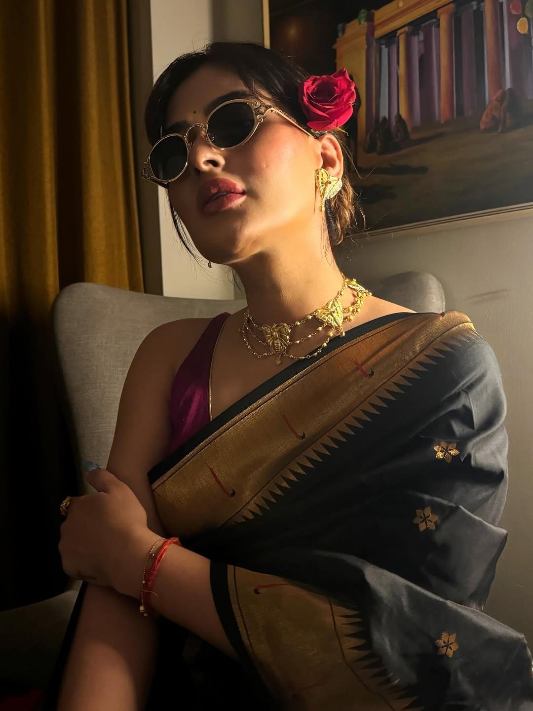 Karishma sharma in our black zari woven vitthala god special traditional paithani silk saree