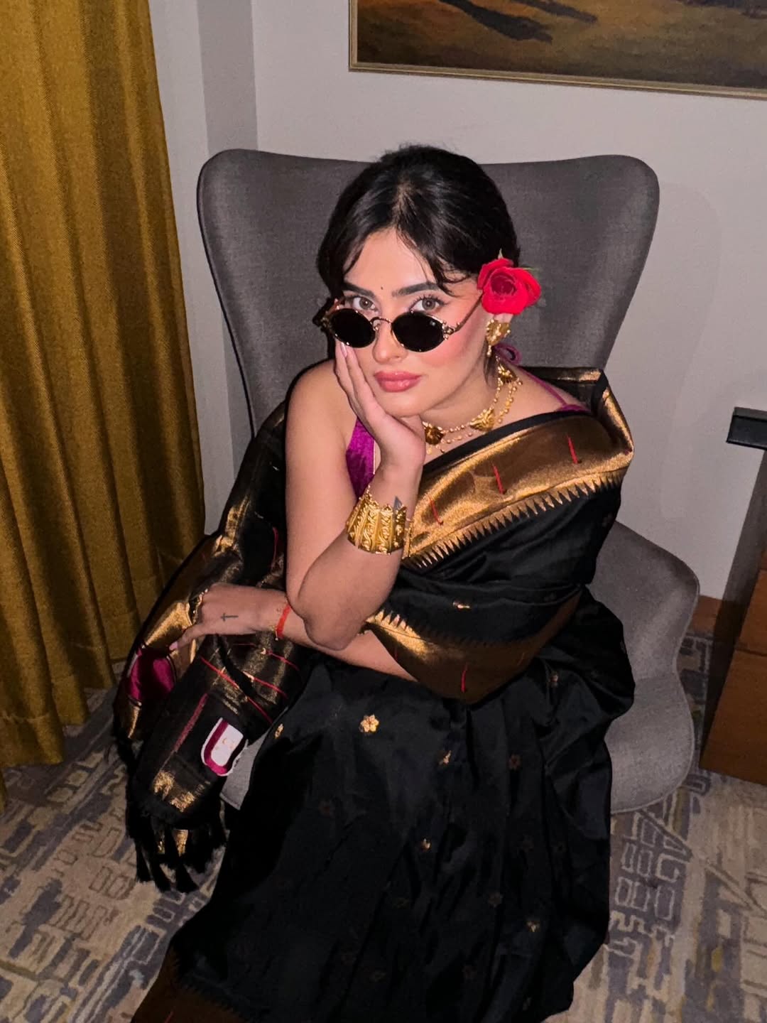 Karishma sharma in our black zari woven vitthala god special traditional paithani silk saree